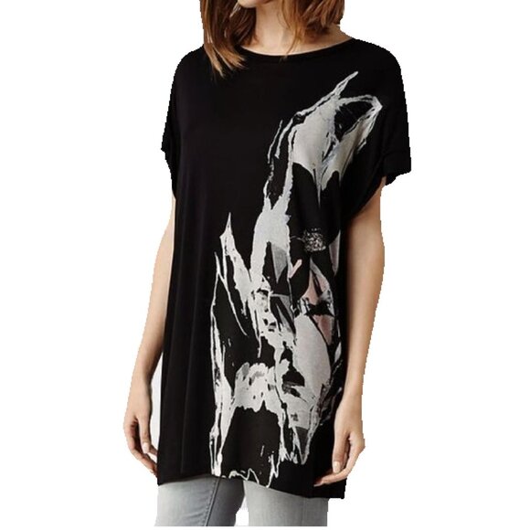 Allsaints Rip It Up Tunic Tee Black Grey Tone Abstract Graphic High Low Hem - Picture 3 of 12